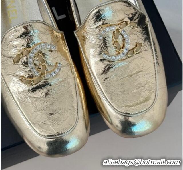 Top Design Chanel Shiny Calfskin Loafers with Strass and Chain CC G46157 Gold 0102089