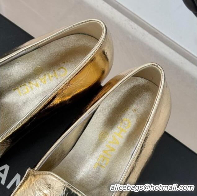 Top Design Chanel Shiny Calfskin Loafers with Strass and Chain CC G46157 Gold 0102089