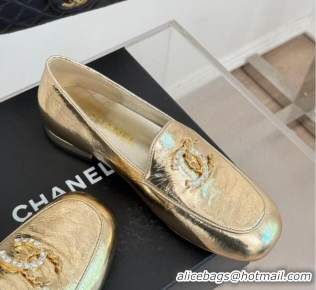 Top Design Chanel Shiny Calfskin Loafers with Strass and Chain CC G46157 Gold 0102089