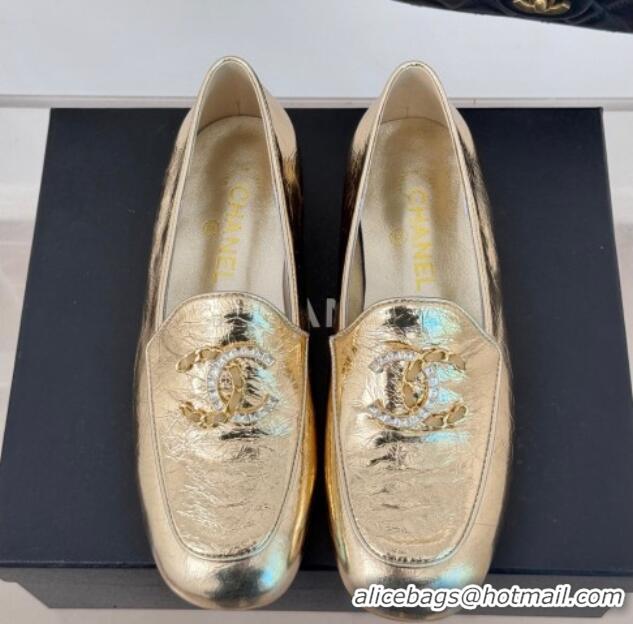 Top Design Chanel Shiny Calfskin Loafers with Strass and Chain CC G46157 Gold 0102089