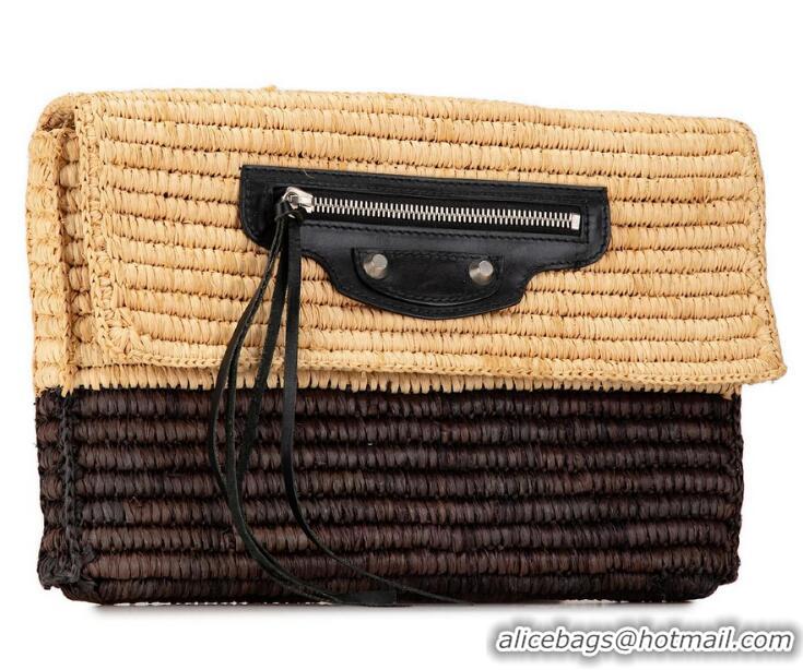 Luxury Discount Balenciaga Motocross Classic Envelope Giant 12 Raffia Clutch Bag 339549 Brown/Beige