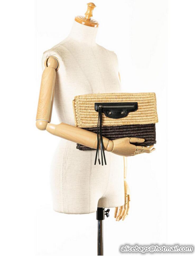 Luxury Discount Balenciaga Motocross Classic Envelope Giant 12 Raffia Clutch Bag 339549 Brown/Beige