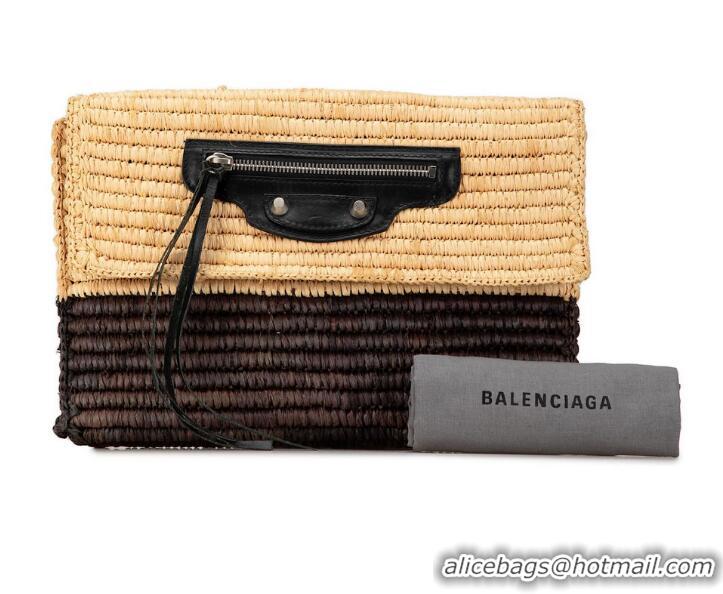 Luxury Discount Balenciaga Motocross Classic Envelope Giant 12 Raffia Clutch Bag 339549 Brown/Beige