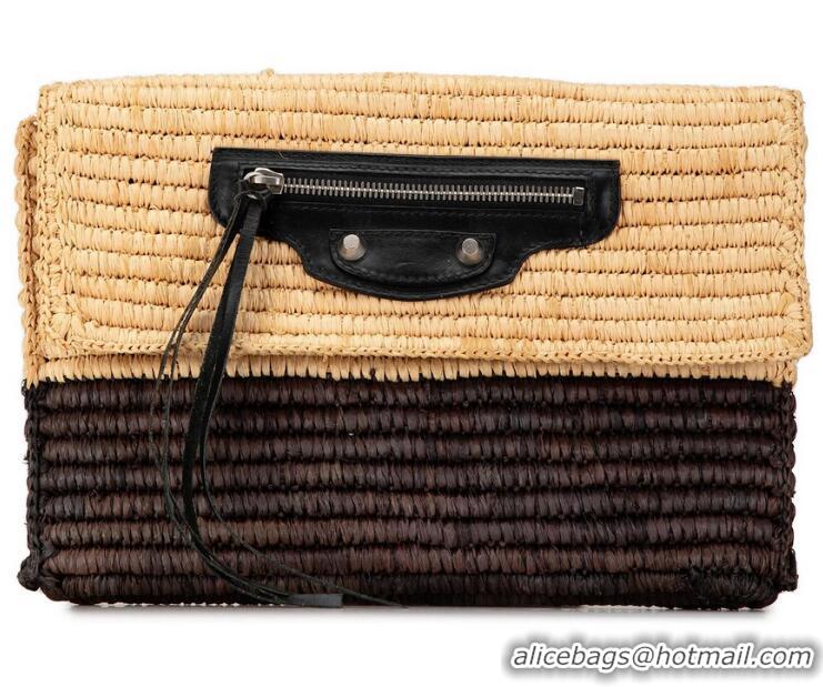 Luxury Discount Balenciaga Motocross Classic Envelope Giant 12 Raffia Clutch Bag 339549 Brown/Beige