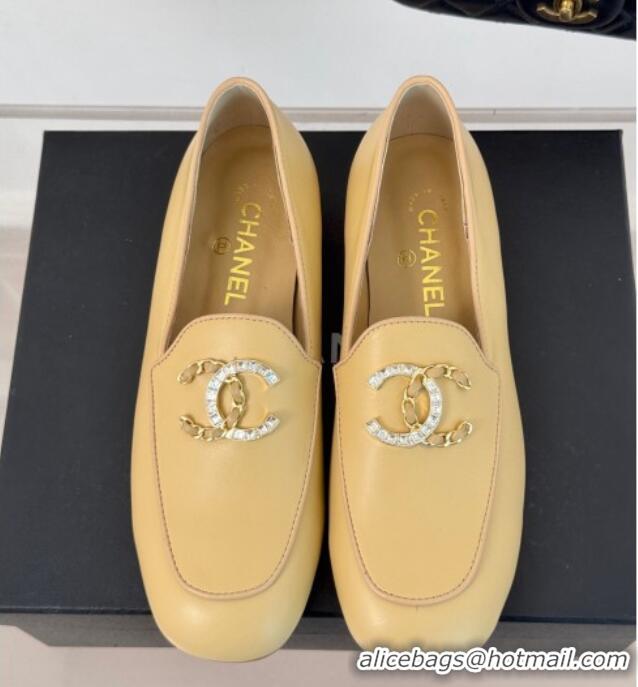 Grade Quality Chanel Lambskin Loafers with Strass and Chain CC G46157 Yellow 0102090