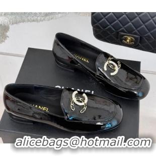 Best Grade Chanel Patent Calfskin Loafers with Strass and Chain CC G46157 Black 0102091