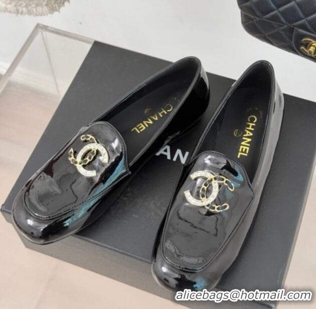 Best Grade Chanel Patent Calfskin Loafers with Strass and Chain CC G46157 Black 0102091