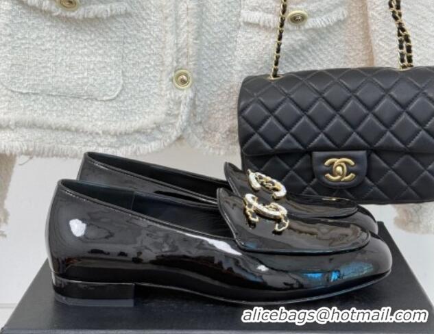 Best Grade Chanel Patent Calfskin Loafers with Strass and Chain CC G46157 Black 0102091