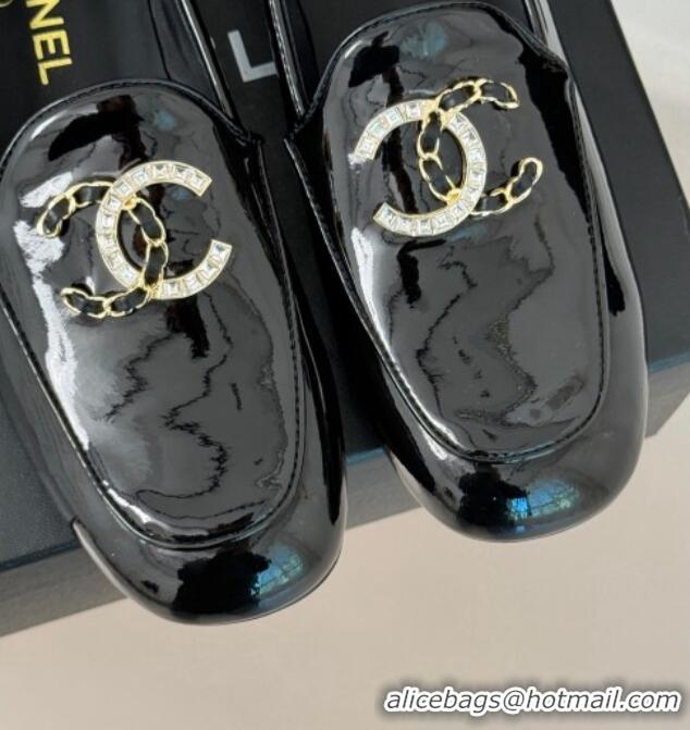 Best Grade Chanel Patent Calfskin Loafers with Strass and Chain CC G46157 Black 0102091