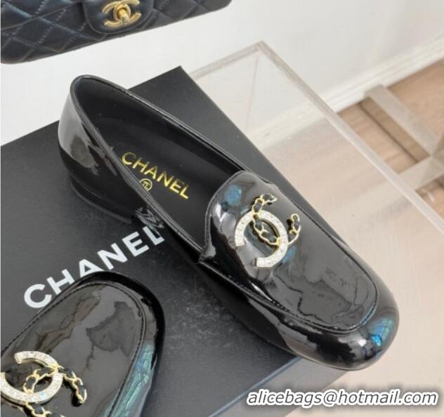 Best Grade Chanel Patent Calfskin Loafers with Strass and Chain CC G46157 Black 0102091