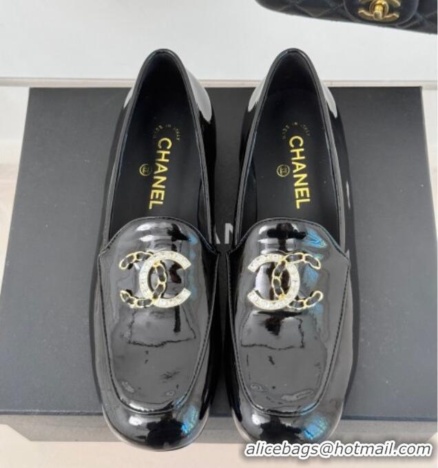 Best Grade Chanel Patent Calfskin Loafers with Strass and Chain CC G46157 Black 0102091