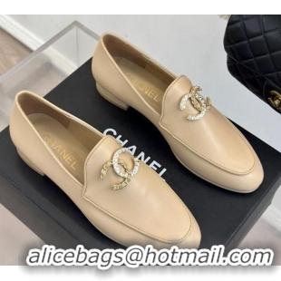 Pretty Style Chanel Lambskin Loafers with Strass and Chain CC G46157 Beige 0102092