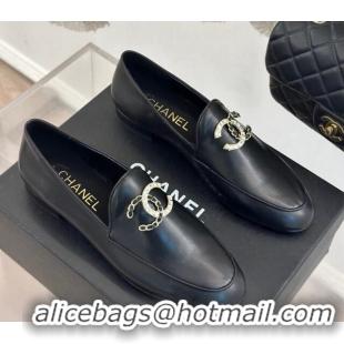 Good Looking Chanel Lambskin Loafers with Strass and Chain CC G46157 Black 0102093