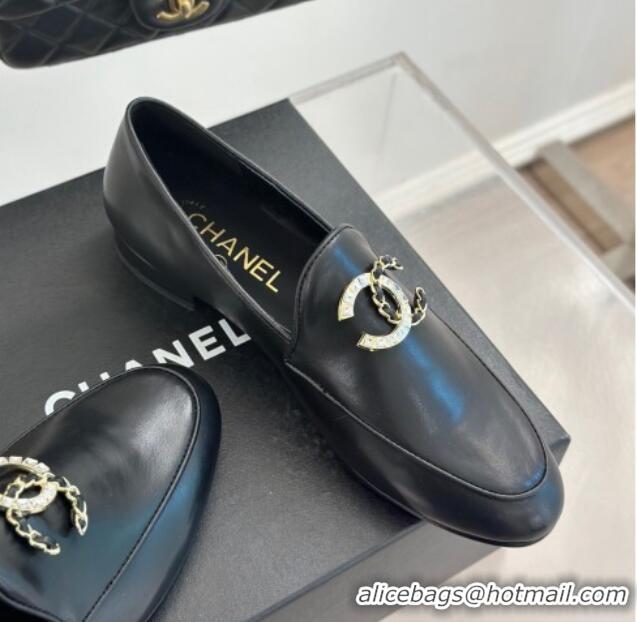 Good Looking Chanel Lambskin Loafers with Strass and Chain CC G46157 Black 0102093