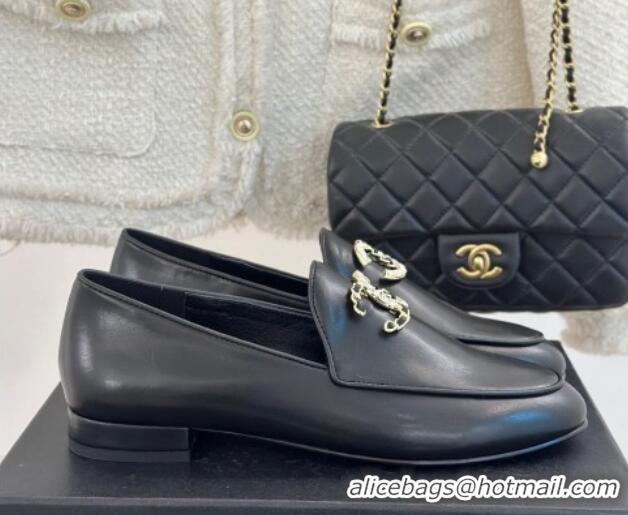 Good Looking Chanel Lambskin Loafers with Strass and Chain CC G46157 Black 0102093