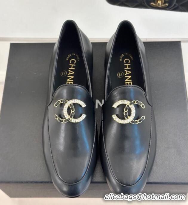 Good Looking Chanel Lambskin Loafers with Strass and Chain CC G46157 Black 0102093