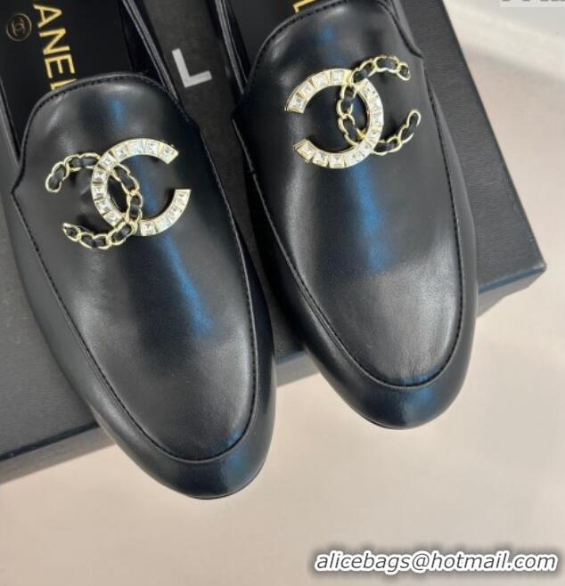 Good Looking Chanel Lambskin Loafers with Strass and Chain CC G46157 Black 0102093