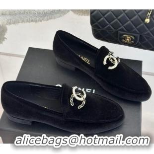 Best Product Chanel Velvet Loafers with Strass and Chain CC G46157 Black 0102094