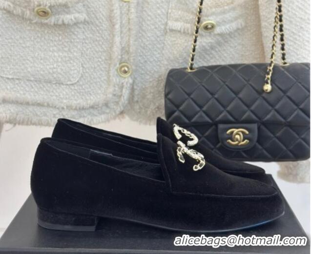 Best Product Chanel Velvet Loafers with Strass and Chain CC G46157 Black 0102094