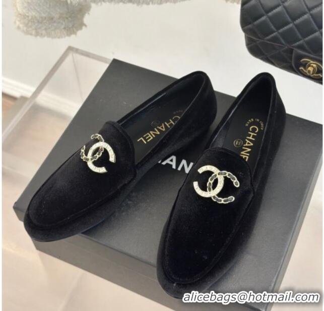 Best Product Chanel Velvet Loafers with Strass and Chain CC G46157 Black 0102094