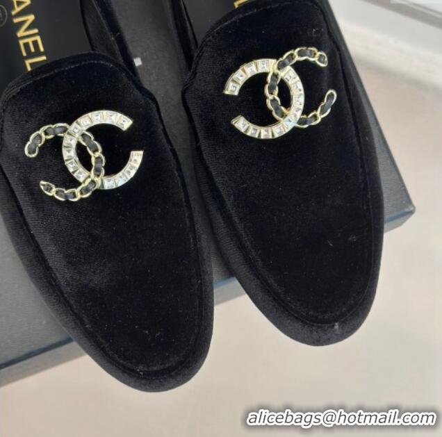 Best Product Chanel Velvet Loafers with Strass and Chain CC G46157 Black 0102094