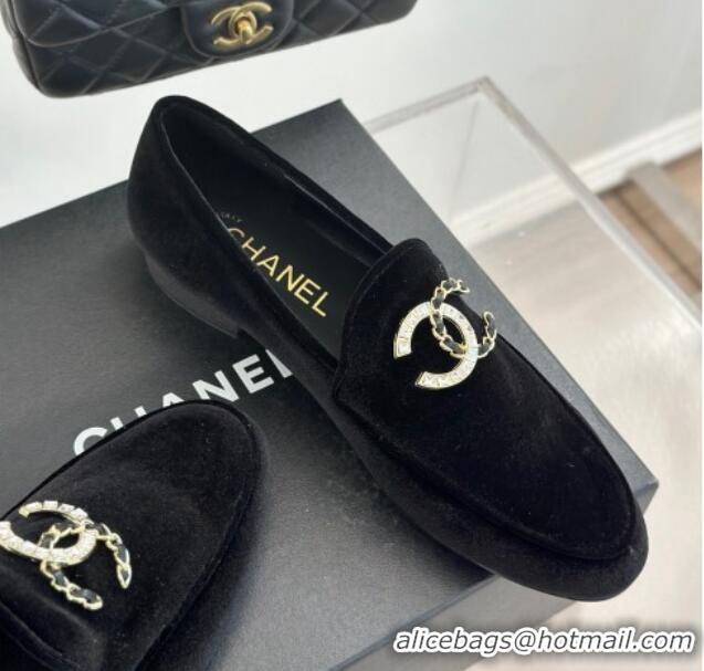 Best Product Chanel Velvet Loafers with Strass and Chain CC G46157 Black 0102094