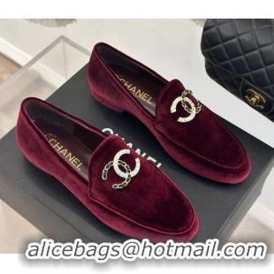 Shop Duplicate Chanel Velvet Loafers with Strass and Chain CC G46157 Dark Burgundy 0102095