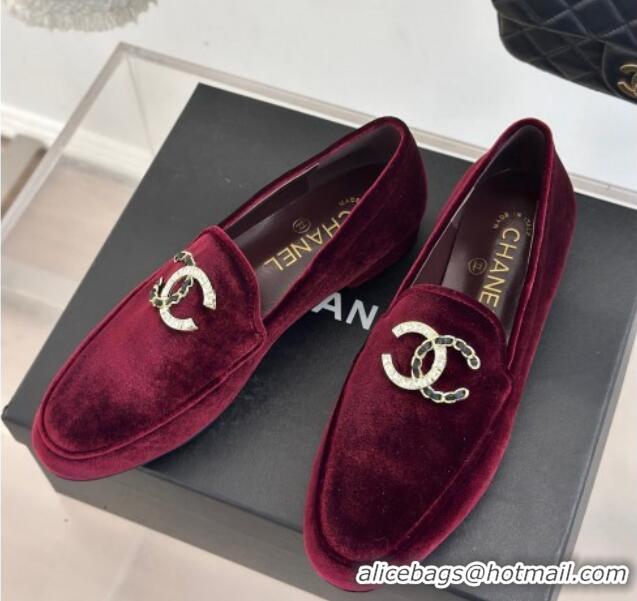 Shop Duplicate Chanel Velvet Loafers with Strass and Chain CC G46157 Dark Burgundy 0102095