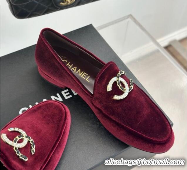 Shop Duplicate Chanel Velvet Loafers with Strass and Chain CC G46157 Dark Burgundy 0102095