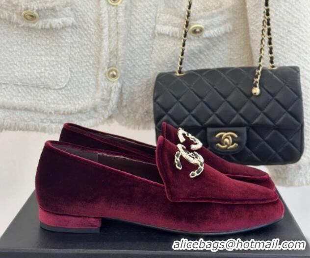 Shop Duplicate Chanel Velvet Loafers with Strass and Chain CC G46157 Dark Burgundy 0102095