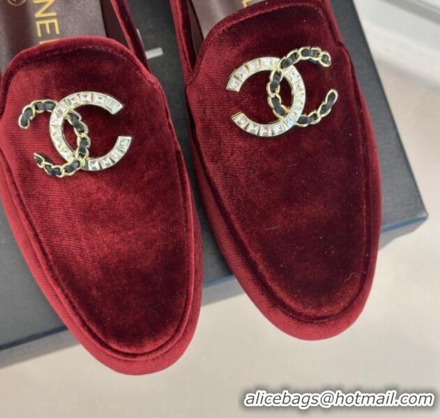 Shop Duplicate Chanel Velvet Loafers with Strass and Chain CC G46157 Dark Burgundy 0102095