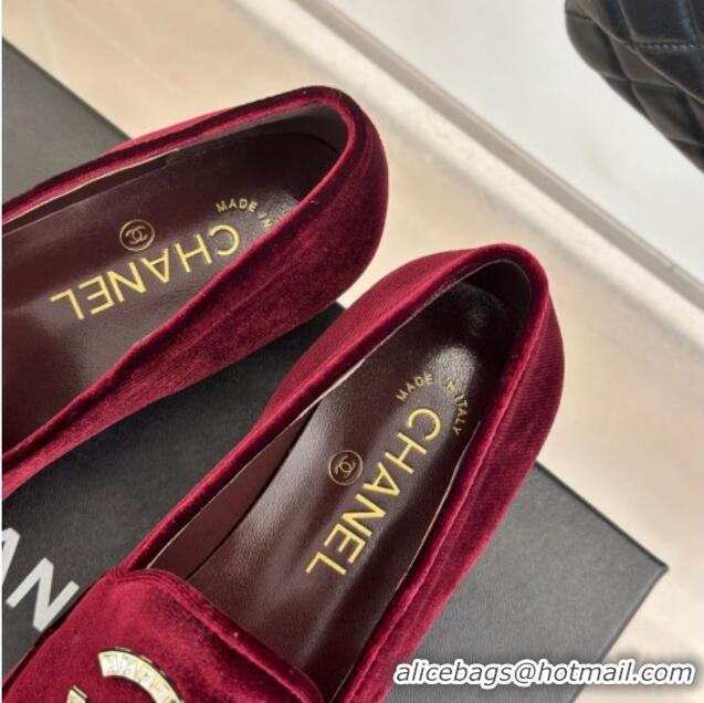 Shop Duplicate Chanel Velvet Loafers with Strass and Chain CC G46157 Dark Burgundy 0102095