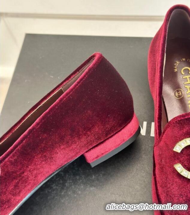 Shop Duplicate Chanel Velvet Loafers with Strass and Chain CC G46157 Dark Burgundy 0102095