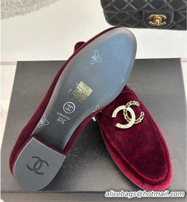 Shop Duplicate Chanel Velvet Loafers with Strass and Chain CC G46157 Dark Burgundy 0102095