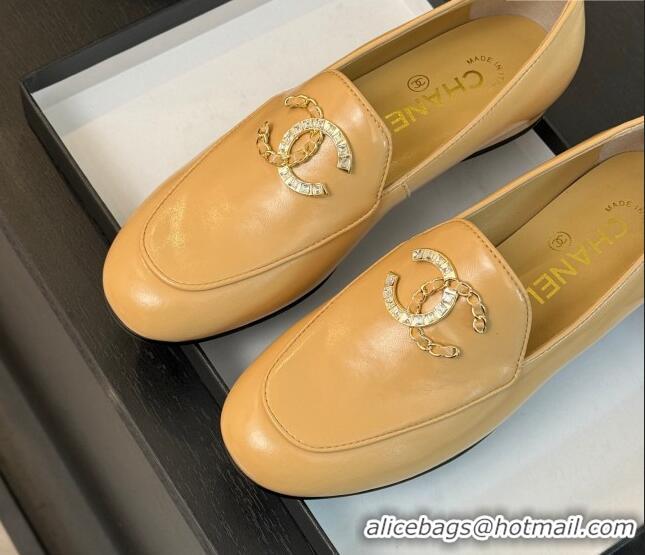 Best Price Chanel Shiny Calfskin Loafers with Strass and Chain CC G46157 Yellow 0102096