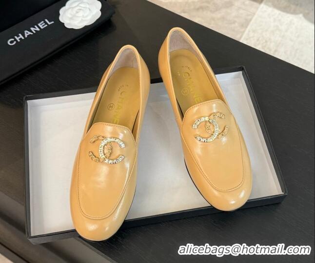 Best Price Chanel Shiny Calfskin Loafers with Strass and Chain CC G46157 Yellow 0102096