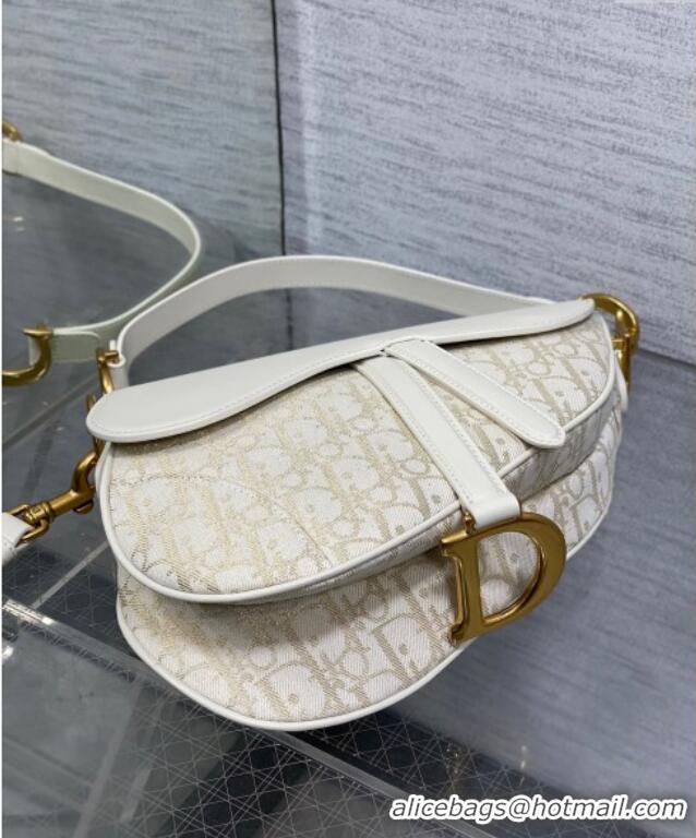 Best Price Dior Medium Saddle Bag with Strap in Latte White Smooth Calfskin and Oblique Denim with Gold-Tone Metallic Th