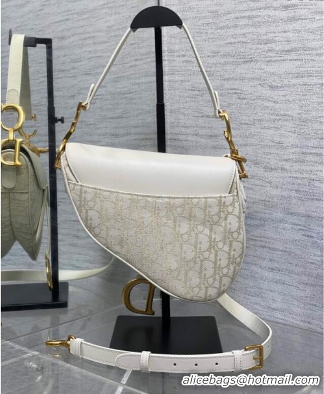 Best Price Dior Medium Saddle Bag with Strap in Latte White Smooth Calfskin and Oblique Denim with Gold-Tone Metallic Th