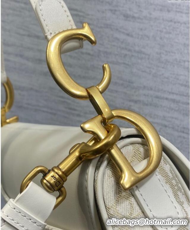 Best Price Dior Medium Saddle Bag with Strap in Latte White Smooth Calfskin and Oblique Denim with Gold-Tone Metallic Th