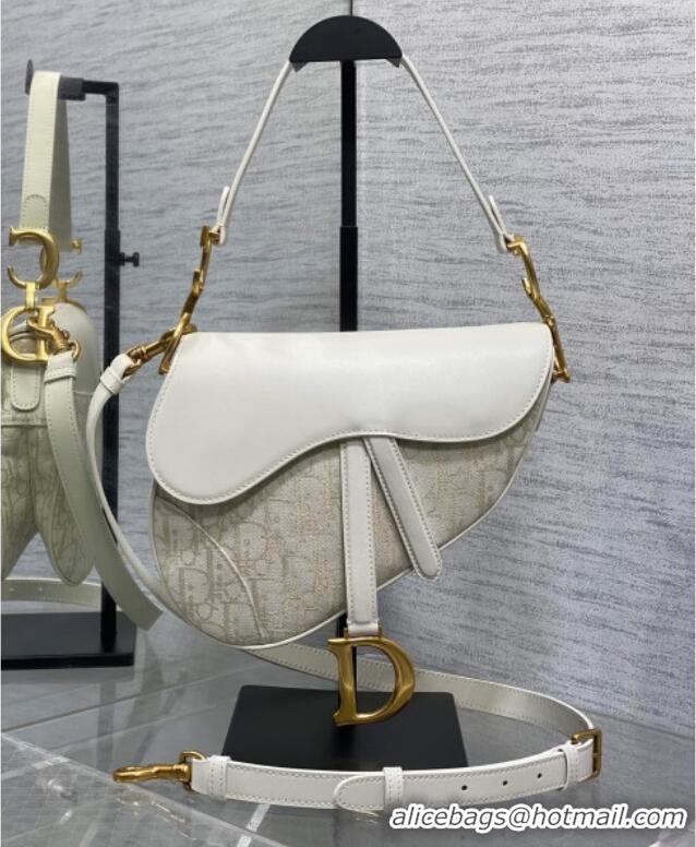 Best Price Dior Medium Saddle Bag with Strap in Latte White Smooth Calfskin and Oblique Denim with Gold-Tone Metallic Th