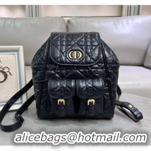 Good Quality Dior Medium Dior Caro Backpack Bag in Cinkled Calfskin 6301 Black 2025