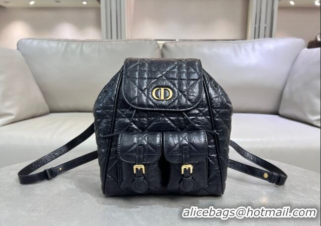 Good Quality Dior Medium Dior Caro Backpack Bag in Cinkled Calfskin 6301 Black 2025