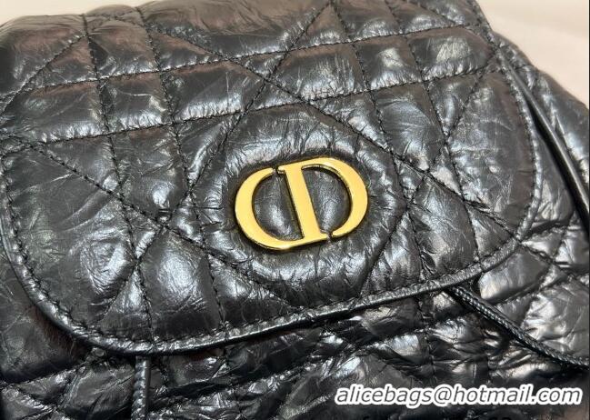 Good Quality Dior Medium Dior Caro Backpack Bag in Cinkled Calfskin 6301 Black 2025