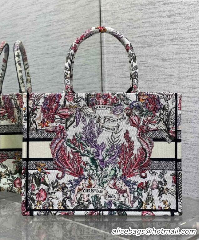 Low Cost Dior Medium Book Tote Bag in Latte White Embroidery with Multicolor Cabinet de la Mer Motif 8001 2025