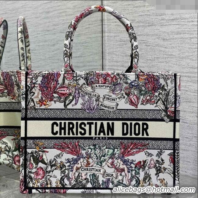 Low Cost Dior Medium Book Tote Bag in Latte White Embroidery with Multicolor Cabinet de la Mer Motif 8001 2025