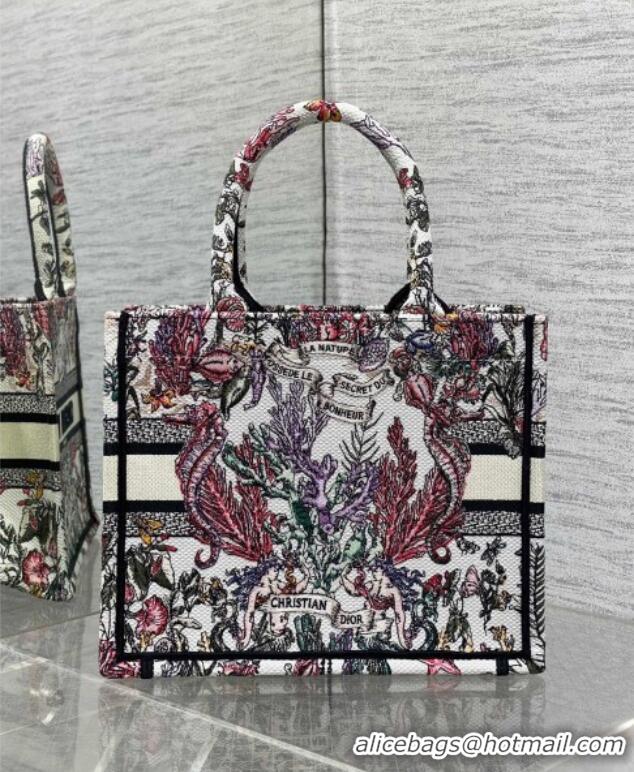 Free Shipping Dior Small Book Tote Bag in Latte White Embroidery with Multicolor Cabinet de la Mer Motif 8002 2025