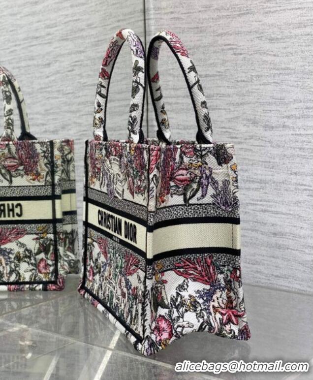 Free Shipping Dior Small Book Tote Bag in Latte White Embroidery with Multicolor Cabinet de la Mer Motif 8002 2025