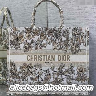 Luxurious Dior Large Book Tote Bag in Latte White Embroidery with Gold-Tone Millefiori Unicorn Motif 8000 2025