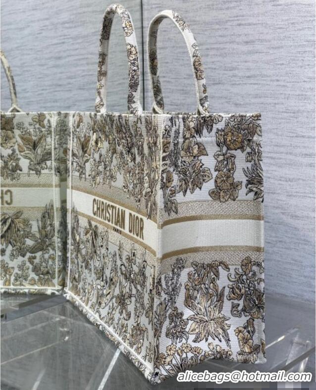 Luxurious Dior Large Book Tote Bag in Latte White Embroidery with Gold-Tone Millefiori Unicorn Motif 8000 2025