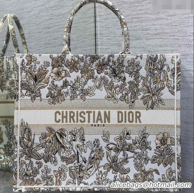 Luxurious Dior Large Book Tote Bag in Latte White Embroidery with Gold-Tone Millefiori Unicorn Motif 8000 2025